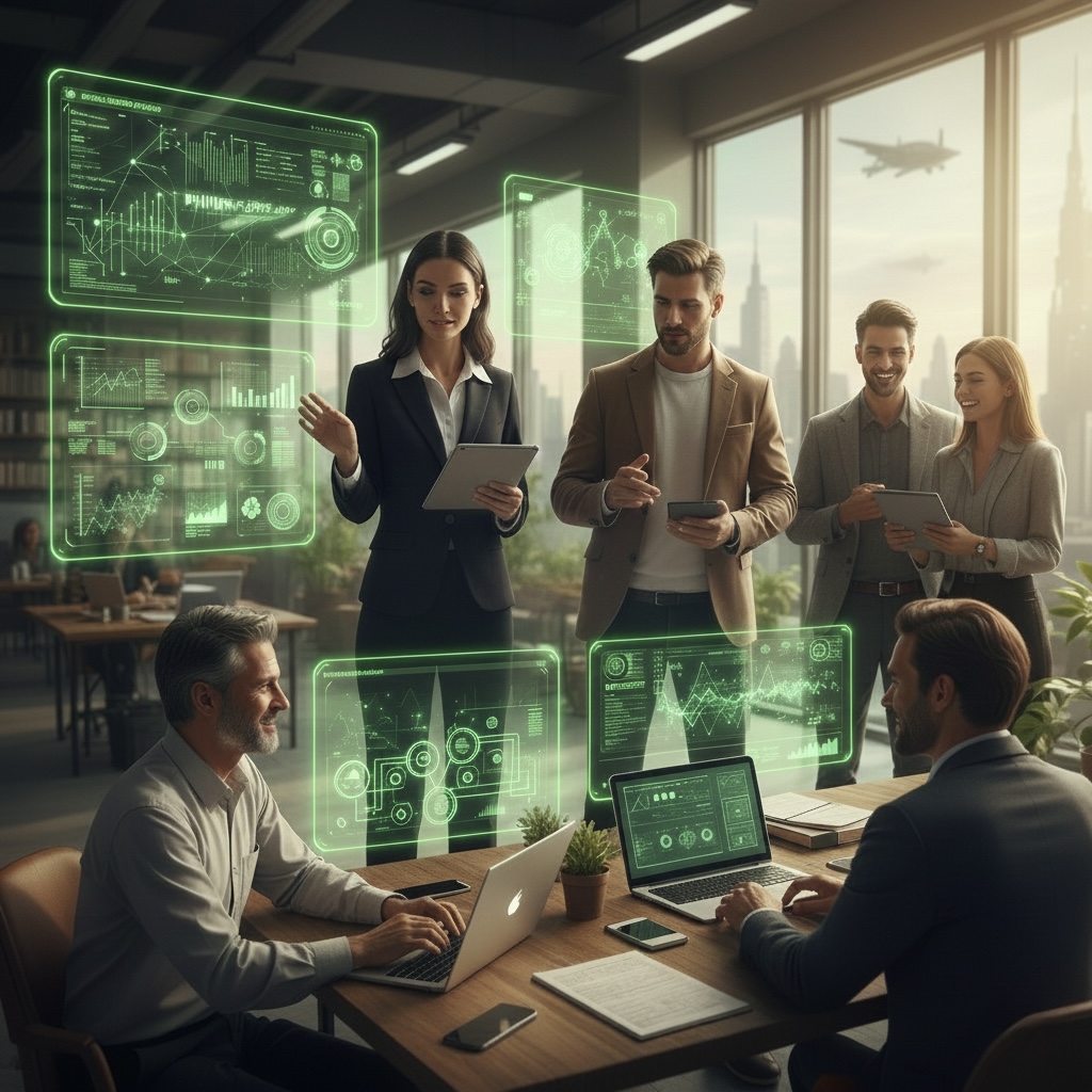 Bold AI Founders collaborating with holographic displays